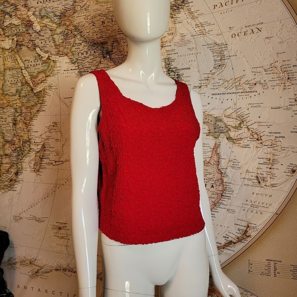 Valerie Stevens Petite ruched textured 100% silk red tank round neck classic 12P